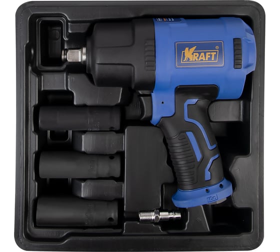 Изображение товара Пневматический ударный гайковерт KRAFT 1/2 1450 н.м., в кейсе с головками KT 707014