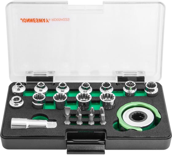 Изображение товара Головки Jonnesway RD05H22S торцевые SPLINE М4-13 с дисковым трещоточным механизмом и аксессуарами в наборе, 22 предмета 046626