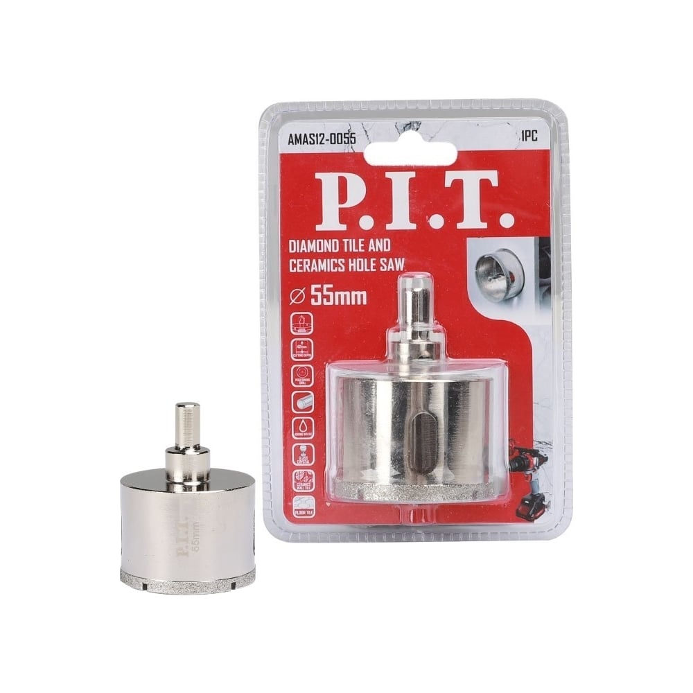 Изображение товара Коронка алмазная по керамике 55x70 мм P.I.T. AMAS12-0055 для стекла и керамики