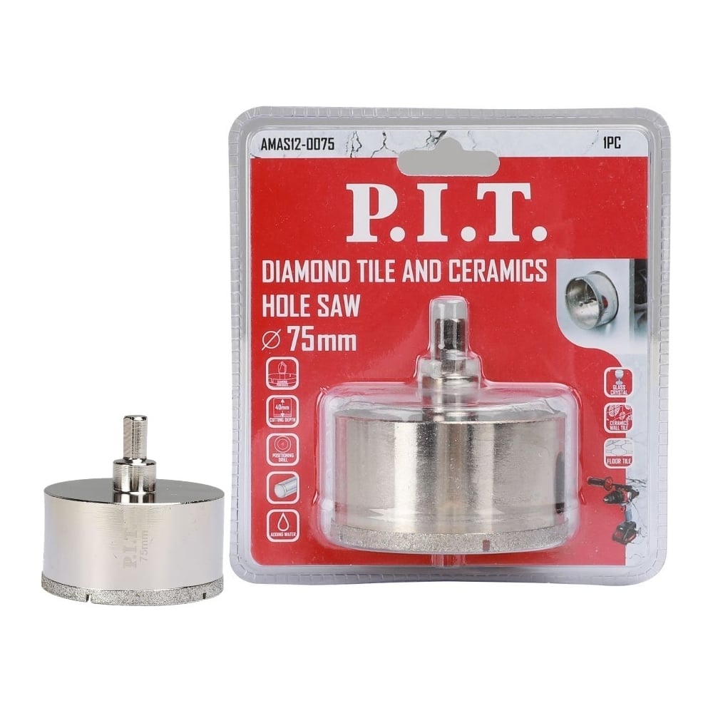 Изображение товара Коронка алмазная по керамике 75 мм P.I.T. AMAS12-0075 для стекла и керамической плитки