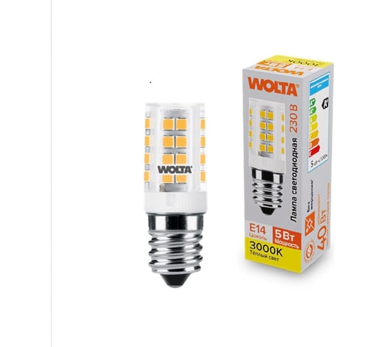 Изображение товара Светодиодная лампа Wolta капсульная 5Вт, 3000К теплый свет, 175-250В, цоколь E14, материал корпуса -керамика, форма кукуруза WSTD-JCD-5W3KE14-C