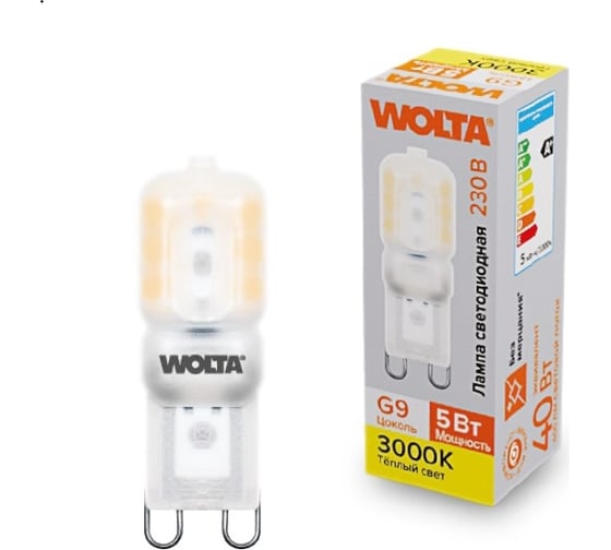Изображение товара Светодиодная лампа Wolta капсульная 5Вт, 3000К теплый свет, 220-240В, материал пластик, цоколь G9, форма кукуруза WSTD-JCD-5W3KG9-P