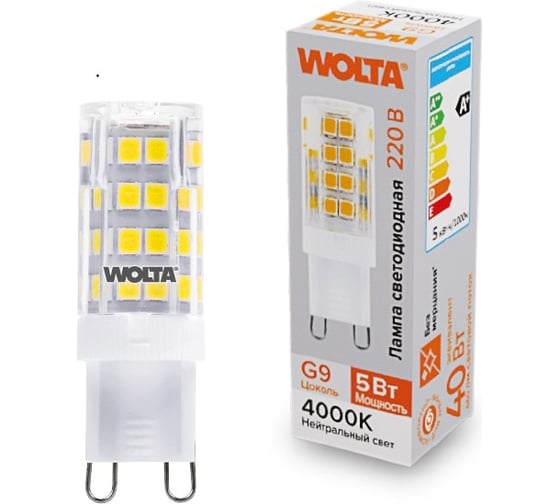 Изображение товара Светодиодная лампа Wolta капсульная 5Вт, 4000К Дневной свет, напряжение 175-250В, цоколь G9, форма кукуруза, материал корпуса - керамика WSTD-JCD-5W4KG9-C