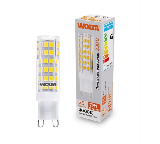 Изображение товара Светодиодная лампа Wolta капсульная 7Вт, 4000К Дневной свет, напряжение 175-250В, цоколь G9, материал корпуса - керамика, форма кукуруза WSTD-JCD-7W4KG9-C