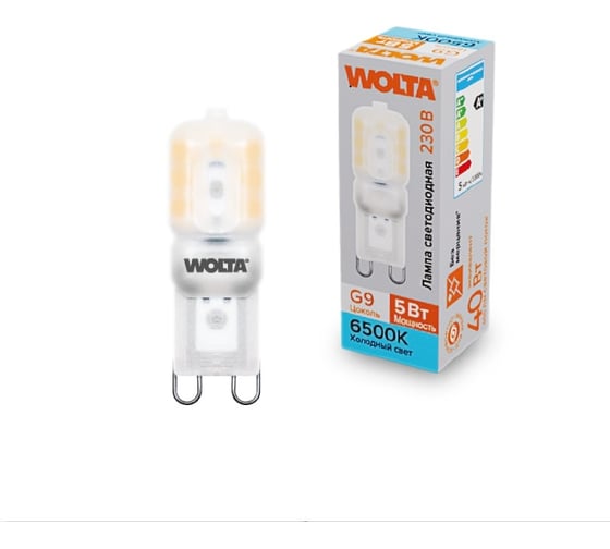 Изображение товара Светодиодная лампа Wolta капсульная 5Вт, 6500К Холодный свет, напряжение 220-240В, цоколь G9, материал пластик, форма кукуруза WSTD-JCD-5W6KG9-P