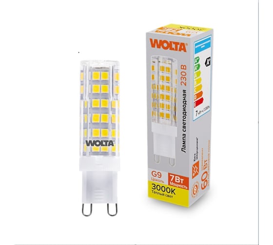 Изображение товара Светодиодная лампа Wolta капсульная 7Вт, 3000К Теплый свет, напряжение 175-250В, цоколь G9, материал корпуса - керамика, форма кукуруза WSTD-JCD-7W3KG9-C