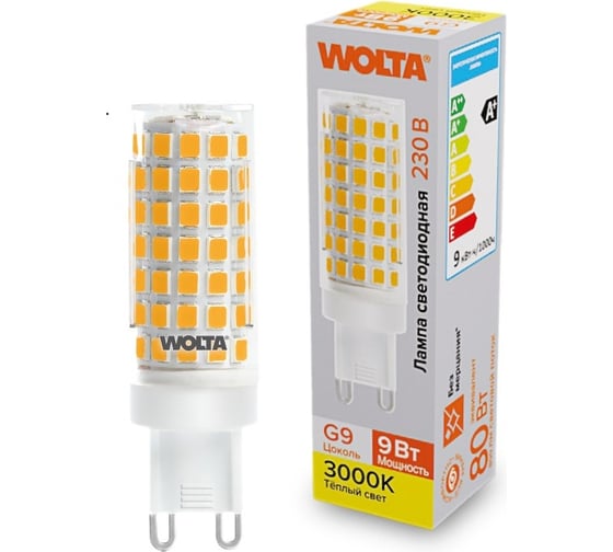 Изображение товара Светодиодная лампа Wolta капсульная 9Вт, 3000К Теплый свет, 175-250В, цоколь G9, форма кукуруза WSTD-JCD-9W3KG9-C
