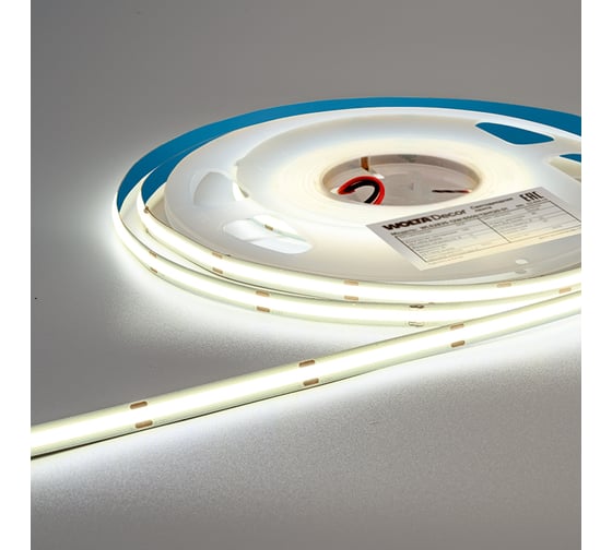 Изображение товара Светодиодная лента Wolta 5 метров, работает от напряжения 24В, мощность 11Вт/м, 3000К Теплый белый свет, защита IP20, ширина 8 мм, артикул WLSCOB-11W/3000/24H320-01