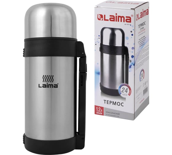 Изображение товара Классический термос с узким горлом ЛАЙМА 1.2 л, нержавеющая сталь, пластиковая ручка 605125