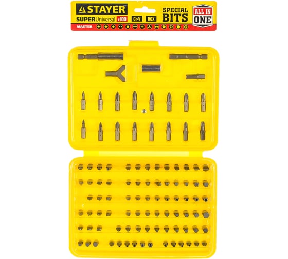Изображение товара Набор "MASTER" "SUPER UNIVERSAL" биты, адаптеры Cr-V 100 предметов в боксе STAYER 2604-H100