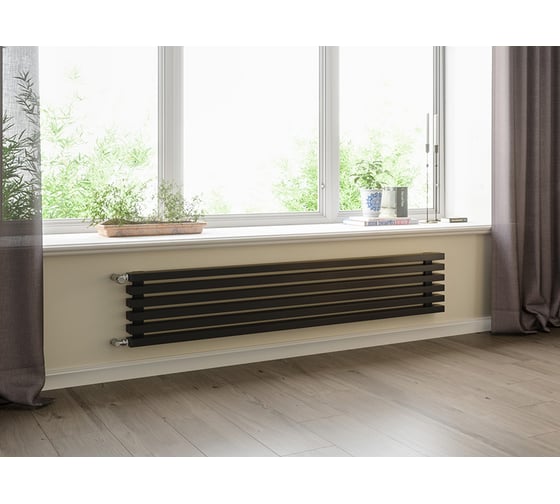 Изображение товара Трубчатый радиатор с прямоугольным профилем 60x30 GUARDO RETTA 6P 280 мм высотой, 1800 мм шириной, 6 секций, нижнее правое подключение, 6P-1800-06 NK-GOR-R RAL9005 черный матовый 6P-1800-06 NK-GOR-R R9005(M)