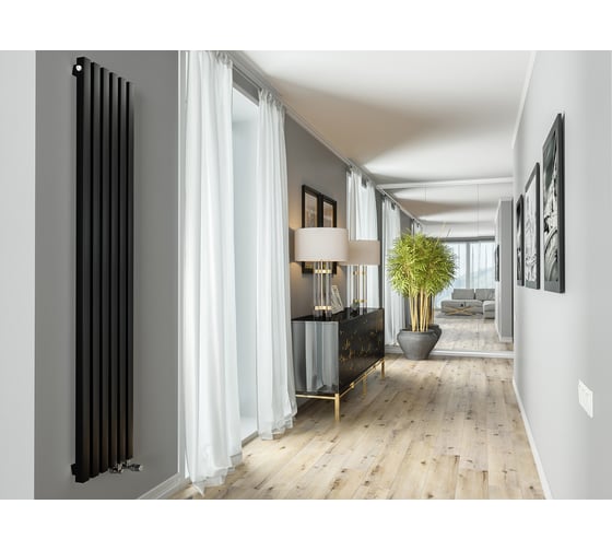 Изображение товара Трубчатый радиатор с квадратным профилем 40x40 GUARDO RETTA 4P 1800 мм высотой, 580 мм шириной, 10 секций, нижнее левое подключение, 4P-1800-10 NK-VER-L RAL9005 черный матовый 4P-1800-10 NK-VER-L R9005(M)