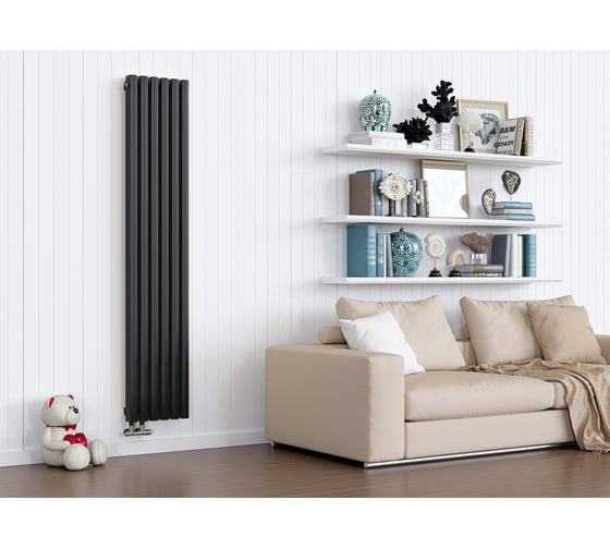 Изображение товара Вертикальный стальной радиатор GUARDO Retta 6P 1800х280 мм, 6 секций, нижнее левое подключение 6P-1800-06 NK-VER-L R9005(M)