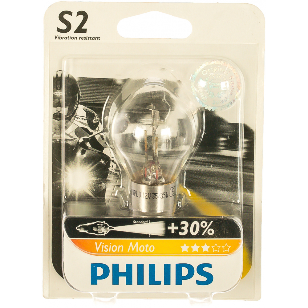 фото Автолампа philips s2, 35, 35 ba20d+30% vision moto 12v 1,10,100 12728bw