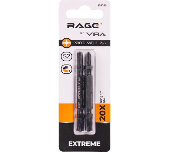 Изображение товара Биты магнитные двухсторонние S2 PZ/FL1 x PZ/FL2, 65 мм, 2 шт rage by VIRA 554140