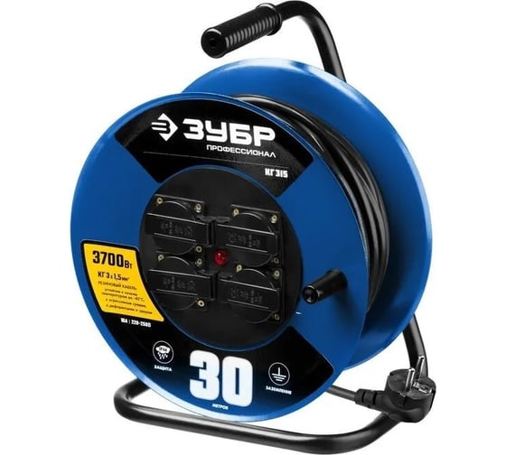 Изображение товара Силовой удлинитель на стальной катушке ЗУБР Кг 315, кг 3x1.5, 30м, 3700вт, ip44 55080-30 55080-30_z01