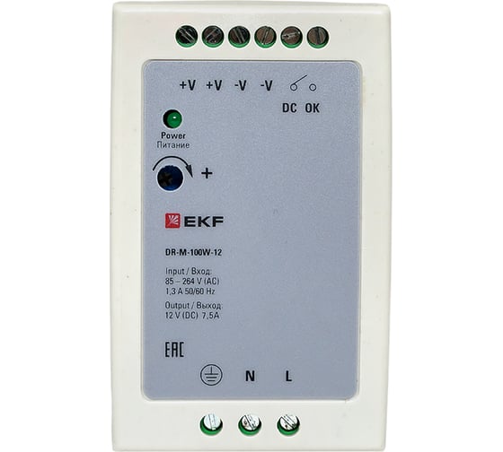 Изображение товара Блок питания на дин рейку EKF 100Вт, Uвх 220 В AC m, Uвых - 12 В DC постоянного тока DR-M-100W-12