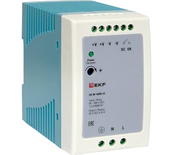 Изображение товара Блок питания на дин рейку EKF 100Вт, Uвх 220 В AC m, Uвых - 24 В DC постоянного тока DR-M-100W-24