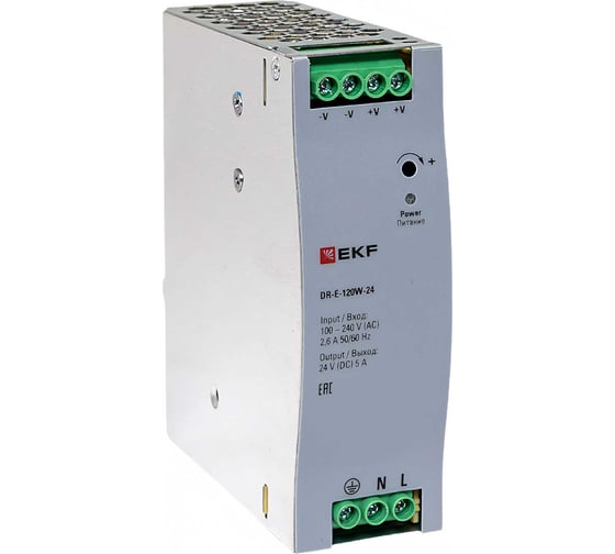 Изображение товара Блок питания на дин рейку EKF Uвх 220 В AC m, Uвых - 24 В DC постоянного тока DR-E-120W-24