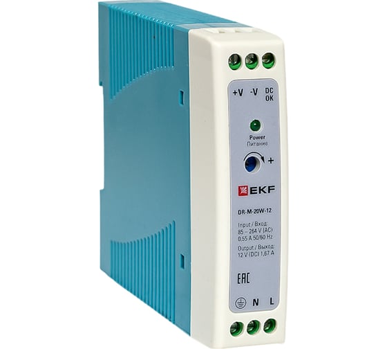 Изображение товара Блок питания на дин рейку EKF 20Вт, Uвх 220 В AC m, Uвых - 12 В DC постоянного тока DR-M-20W-12