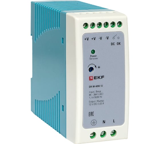 Изображение товара Блок питания на дин рейку EKF 40Вт, Uвх 220 В AC m, Uвых - 12 В DC постоянного тока DR-M-40W-12