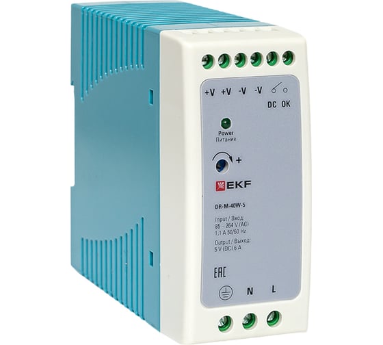 Изображение товара Блок питания на дин рейку EKF 40Вт, Uвх 240 В AC m, Uвых - 5 В DC постоянного тока DR-M-40W-5