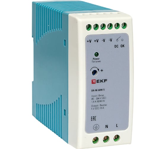 Изображение товара Блок питания на дин рейку EKF 60Вт, Uвх 260 В AC m, Uвых - 5 В DC постоянного тока DR-M-60W-5