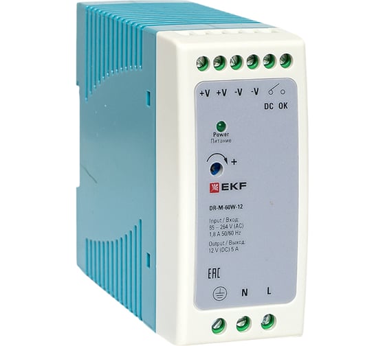 Изображение товара Блок питания на дин рейку EKF 60Вт, Uвх 220 В AC m, Uвых - 12 В DC постоянного тока DR-M-60W-12