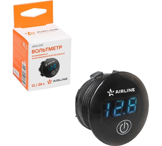 Изображение товара Встраиваемый вольтметр Airline влагозащита, вкл/выкл, 12/24 В AEAL005