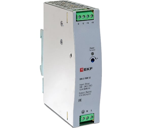 Изображение товара Блок питания на дин рейку EKF 75Вт, Uвх 220 В AC m, Uвых - 12 В DC постоянного тока DR-E-75W-12
