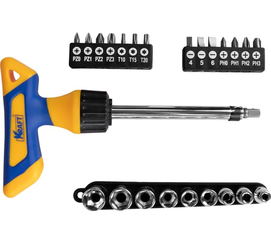 Изображение товара Набор Т-образная реверсивная отвертка с битами и головками 25 предметов KRAFT KT 701040