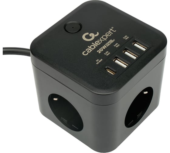 Изображение товара Сетевой фильтр Cablexpert cube, 3р, 10а, 1xtype-c pd, 3xusb, 1.5м, ур.защиты 4+, черный, короб, CUBE-3-CU3-B-1.5