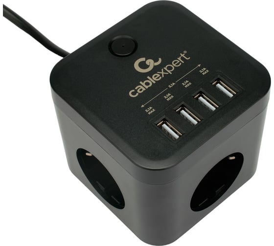 Изображение товара Сетевой фильтр Cablexpert cube, 3р, 10а, 4хusb, 1.5м, ур.защиты 4+, черный, коробка, CUBE-3-U4-B-1.5