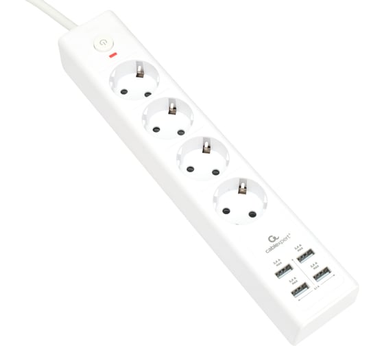 Изображение товара Сетевой фильтр Cablexpert exnovo, 4р, 16а, 4хusb, 3.4a, 2м, ур.защиты 4+, белый, коробка, EXN-4-U4-W-2