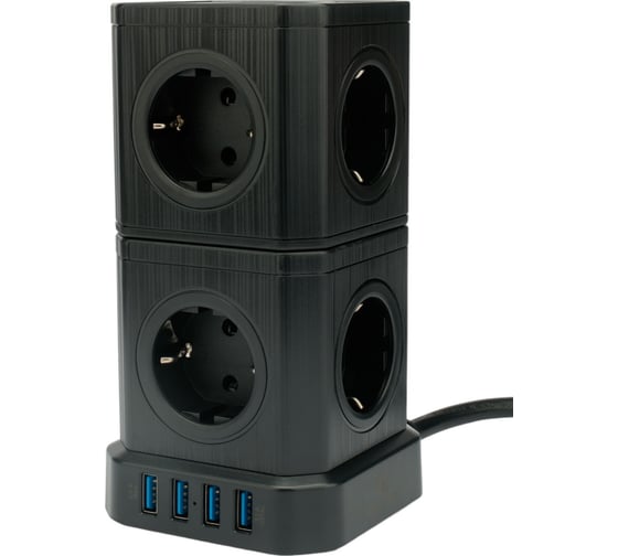 Изображение товара Сетевой фильтр Cablexpert tower, 9р, 16а, 4хusb, 3.1а, 2м, ур.защиты 4+, черный, коробка, TWR-9-U4-B-2