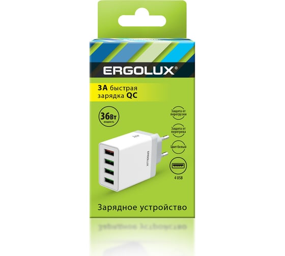 Изображение товара Сетевой адаптер Ergolux Elx-рa02qc-c01 (36Вт 4usb, 100-220В, 5-9v/3а, 1qc+3/3а, белый, коробка) 15292