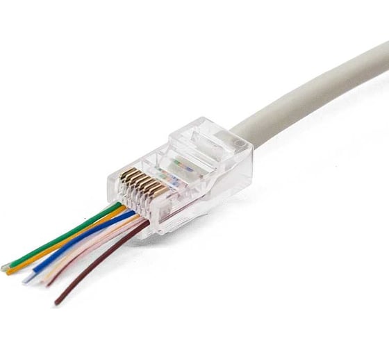 Изображение товара Коннектор Filum rj-45, 5e кат, сквозные отверстия, 8p8c, 6 мкм, универсальный, для одножильного и многожильного кабеля, упаковка 100 шт FL-NA-PLUG5E-4