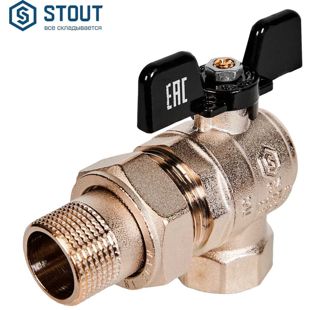 Изображение товара Угловой шаровой кран с американкой STOUT 3/4 резьба никелированная латунь