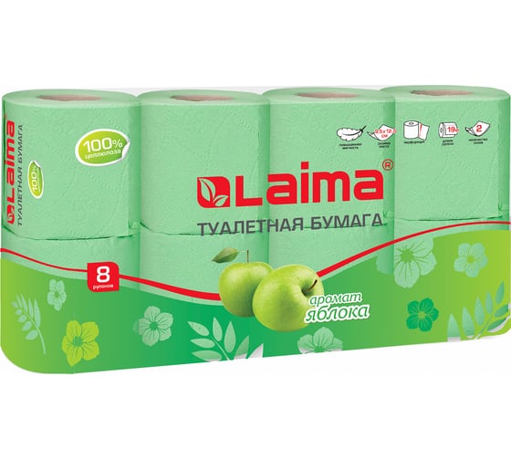 Изображение товара Туалетная бытовая бумага LAIMA спайка 8 шт., 2-х слойная аромат яблока 128723
