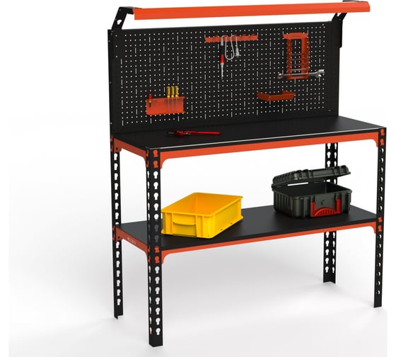 Изображение товара Верстак ООО Металекс серия SUN 950x1400x500 мм, одна полка + перфопанель с комплектом освещения, оранжево-чёрный 111557