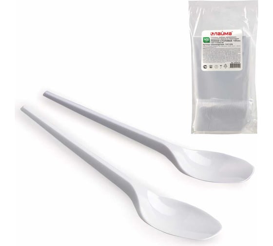 Изображение товара Пластиковые одноразовые столовые ложки ЛАЙМА Эталон, комплект 100 шт, 165 мм 603079