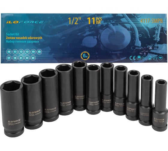 Изображение товара Набор головок ударных глубоких 6-гранных 11 предметов, 1/2''DR iLOFORCE IF-4117-5MPB(52561)
