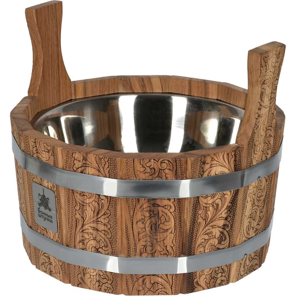 Изображение товара Ушат шайка Банные Штучки с цветочным орнаментом и нержавеющей вставкой 5 л дуб