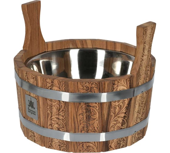 Изображение товара Ушат шайка Банные Штучки Цветочный орнамент c нержавеющей вставкой, 5 л, дуб 33371