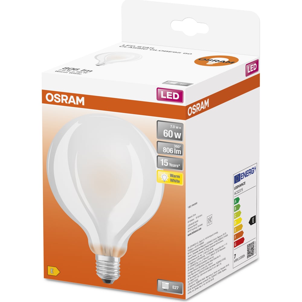 Изображение товара Светодиодная лампа Osram LEDSG9560 6.5W E27 теплый белый 2700K 806 лм