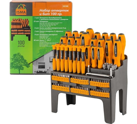 Изображение товара Набор отверток и бит ISMA 100пр.,на пластиковом стенде ISMA-10100(51781)