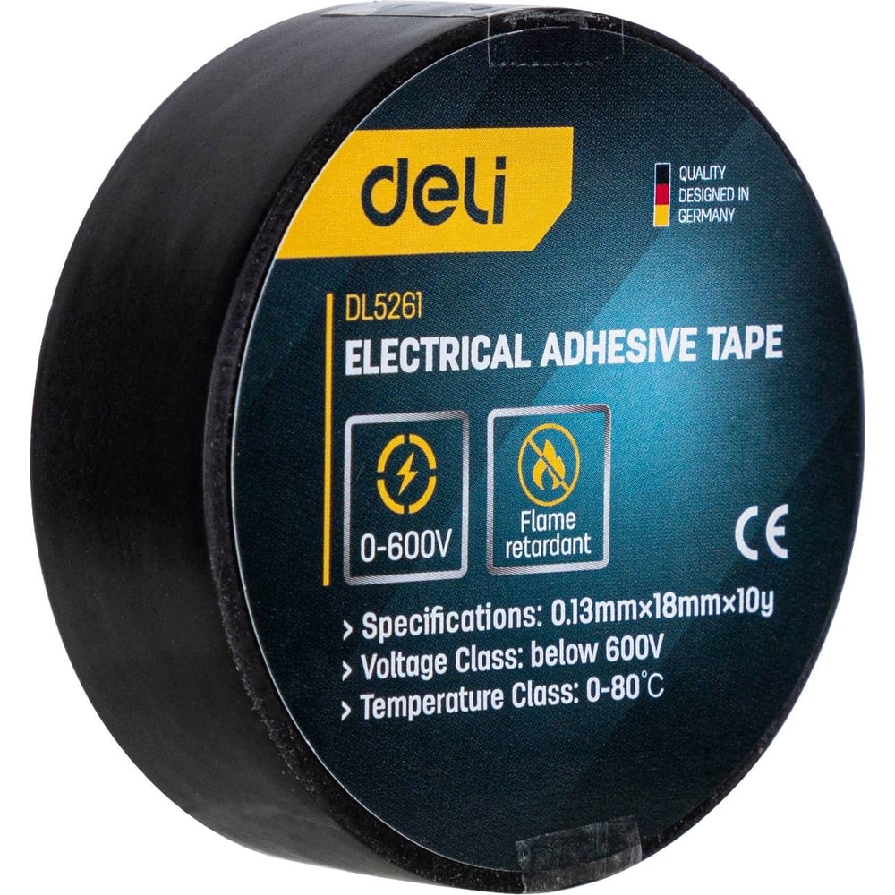 Изображение товара Изолента DELI dl5261 0.13х18 мм, 10 м, напряжения до 600в, температурный диапазон 0-80, ПВХ 98298