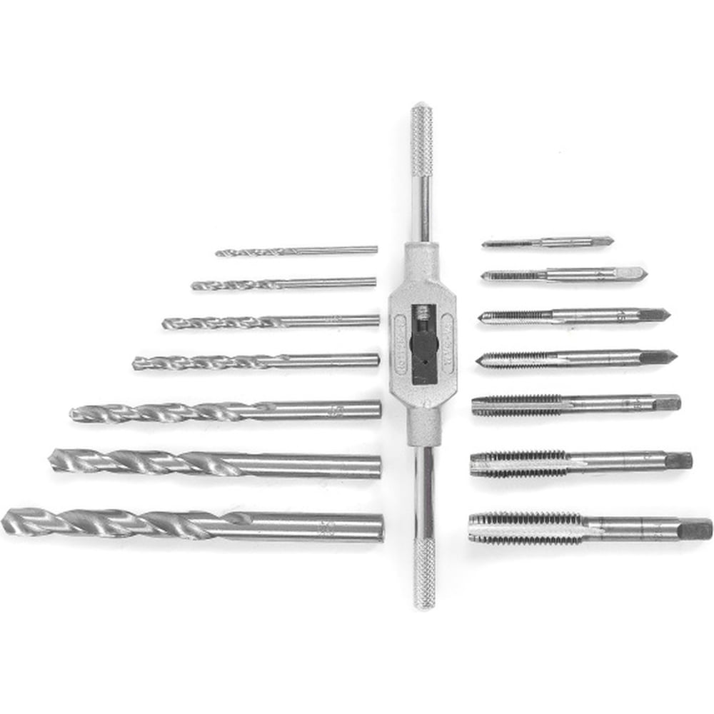 Изображение товара Набор сверл и метчиков Политех 15 предметов в металлической коробке для резьбовых соединений
