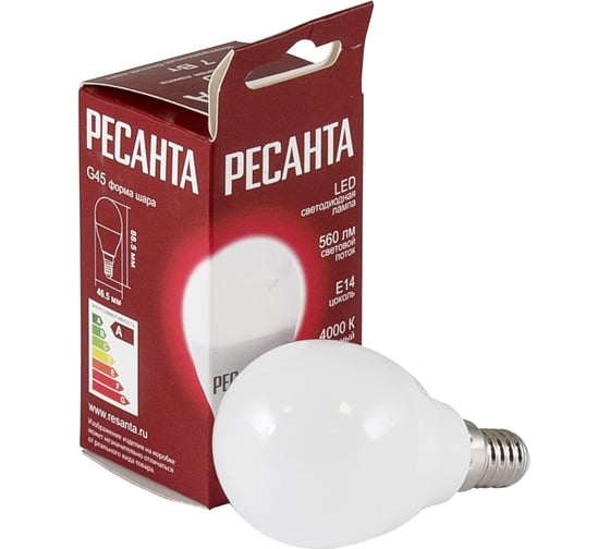 Изображение товара Светодиодная лампа Ресанта LL-R-G45-7W-230-4K-E14 (шар, 7Вт, нейтральный, Е14) 76/1/8