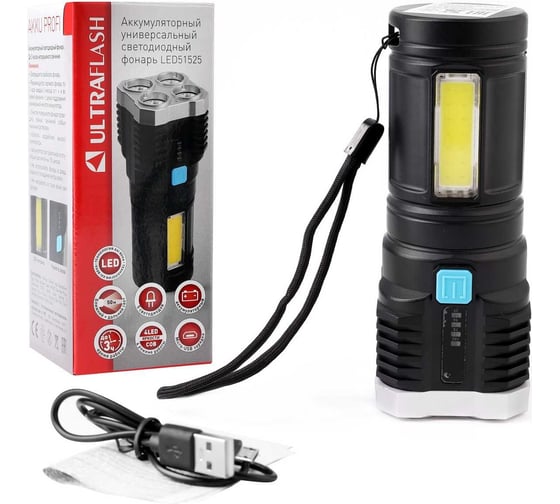 Изображение товара Аккумуляторный фонарь Ultraflash LED51525 4В, черный, 4LED+COB, 3 Вт, 4 реж, Micro USB, бокс 15195